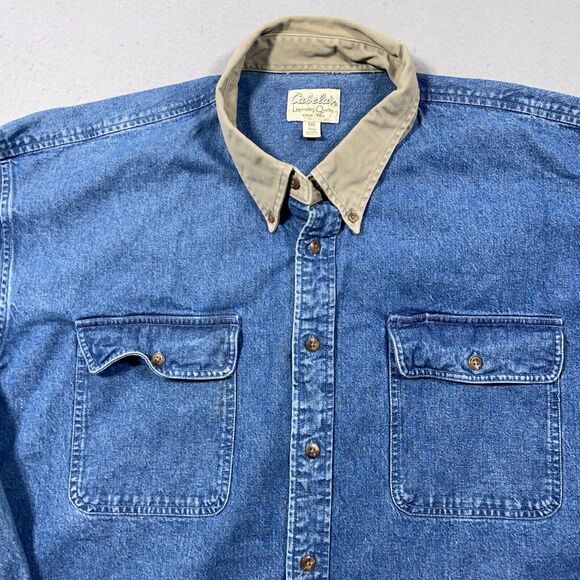 Cabelas Denim Shirt Mens 3XL Button Up Long Sleeve Workwear Blue Elbow Patches - Picture 3 of 12